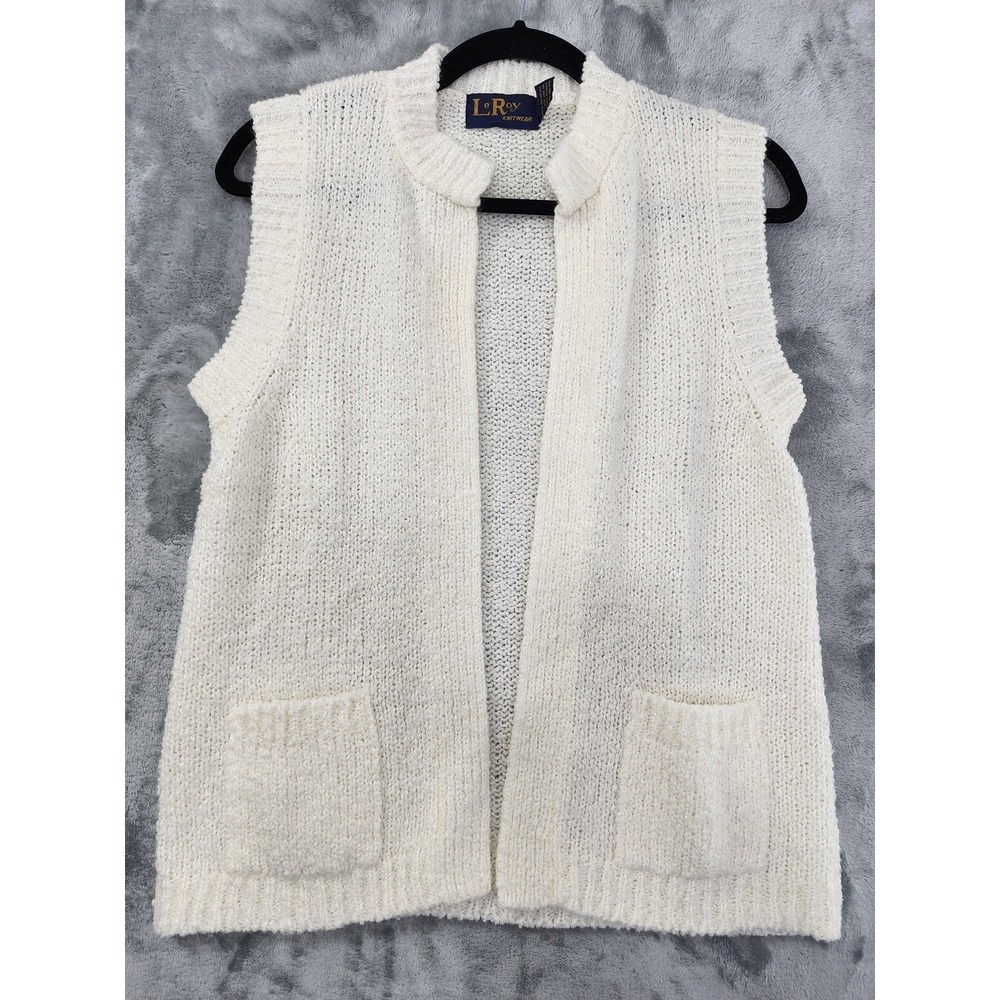 Vintage Leroy Knitwear Sweater Womens‎ XS Cream Nubby Knit Sleeveless Open Front